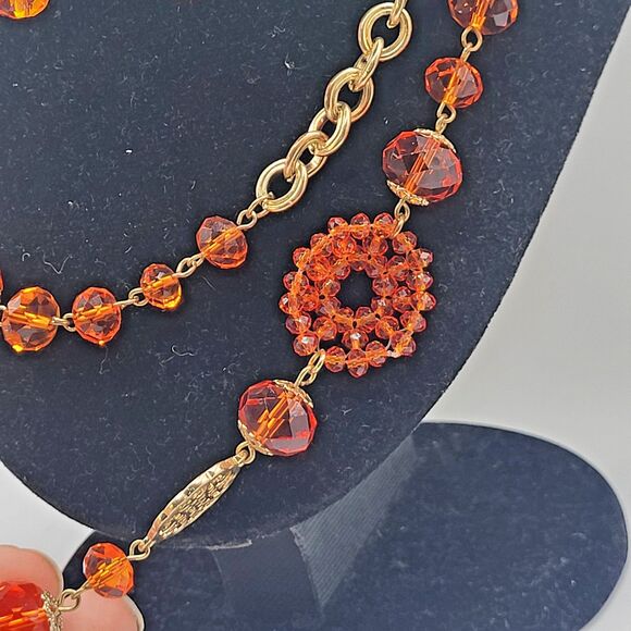 Vintage Estate 1970s Orange Chunky Long Strand Necklace Earrings Demi Parure set - Picture 3 of 5